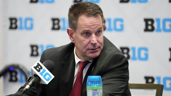 Jul 22, 2025; Las Vegas, NV, USA; Indiana head coach Curt Cignetti speaks to the media during the Big Ten NCAA college football media days at Mandalay Bay Resort. Mandatory Credit: Lucas Peltier-Imagn Images