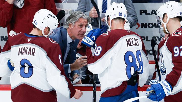 Oct 7, 2026; Winnipeg, Manitoba, CAN;  Colorado Avalanche coach Jared Bednar strategizes against the Winnipeg Jets during the third period at Canada Life Centre.  Mandatory Credit: Terrence Lee-Imagn Images