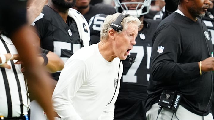 Aug 16, 2025; Paradise, Nevada, USA; Las Vegas Raiders head coach Pete Carroll reacts after a play against the San Francisco 49ers during the fourth quarter at Allegiant Stadium. Mandatory Credit: Stephen R. Sylvanie-Imagn Images