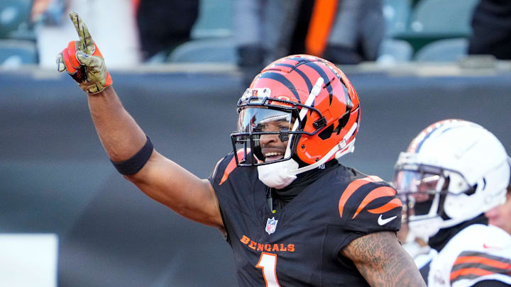 Cincinnati Bengals wide receiver Ja'Marr Chase celebrates a touchdown.