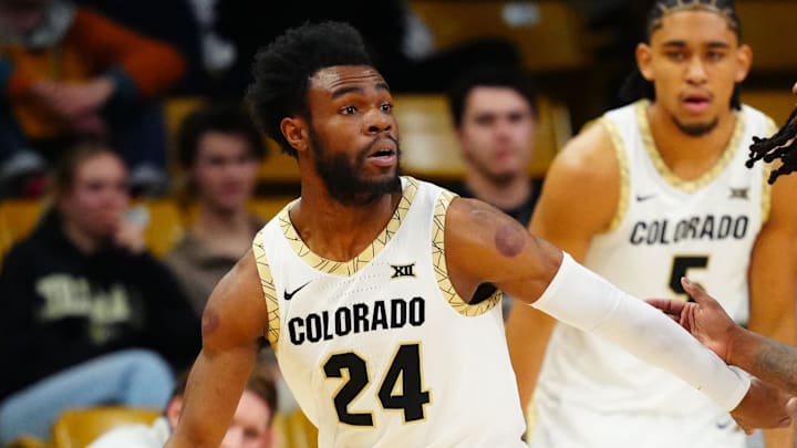 Feb 25, 2026; Boulder, Colorado, USA; Colorado Buffaloes guard Barrington Hargress (24) controls the ball in the first half against the Colorado Buffaloes at the CU Events Center. Mandatory Credit: Ron Chenoy-Imagn Images Feb 25, 2026; Boulder, Colorado, USA; Colorado Buffaloes guard Barrington Hargress (24) controls the ball in the first half against the Colorado Buffaloes at the CU Events Center. Mandatory Credit: Ron Chenoy-Imagn Images