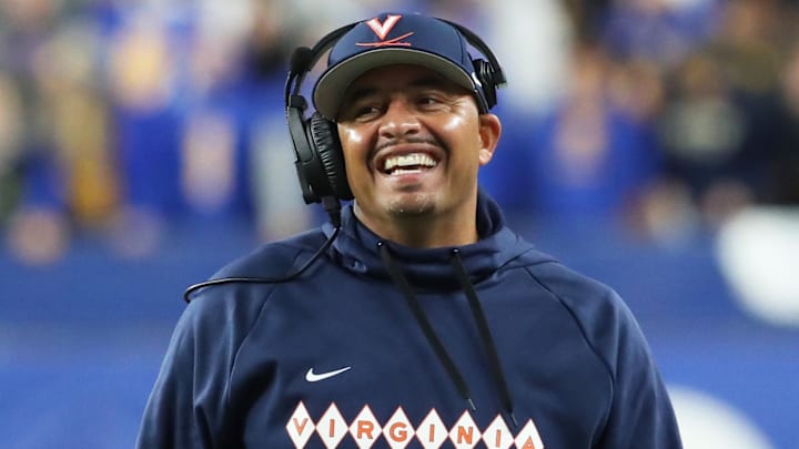 Nov 9, 2024; Pittsburgh, Pennsylvania, USA;  Virginia Cavaliers head coach Tony Elliott reacts on the sidelines against the Pittsburgh Panthers during the second quarter at Acrisure Stadium. Mandatory Credit: Charles LeClaire-Imagn Images