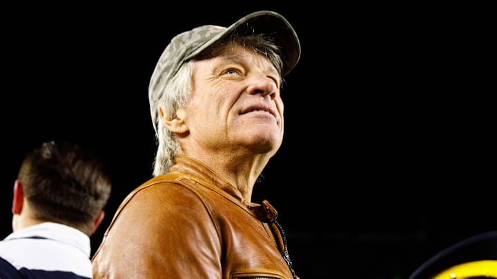 Singer Jon Bon Jovi looks on from the sideline during a NCAA college football game between Notre Dame and Florida State at Notre Dame Stadium on Saturday, Nov. 9, 2024, in South Bend.