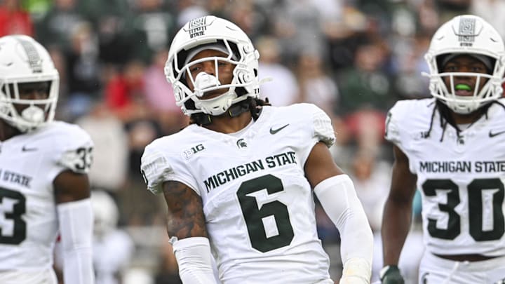 Sep 7, 2024; College Park, Maryland, USA; Michigan State Spartans defensive back Ade Willie (6) reacts after tackling Maryland Terrapins wide receiver Braeden Wisloski (19) on a first half kickoff return at SECU Stadium. Mandatory Credit: Tommy Gilligan-Imagn Images Sep 7, 2024; College Park, Maryland, USA; Michigan State Spartans defensive back Ade Willie (6) reacts after tackling Maryland Terrapins wide receiver Braeden Wisloski (19) on a first half kickoff return at SECU Stadium. Mandatory Credit: Tommy Gilligan-Imagn Images