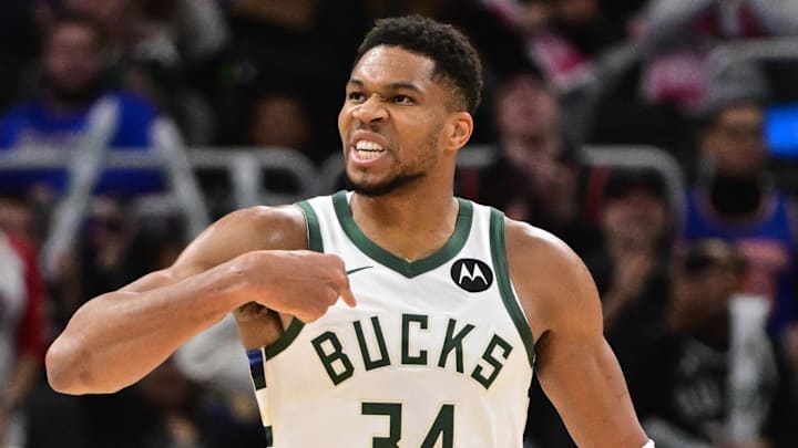 Oct 28, 2025; Milwaukee, Wisconsin, USA; Milwaukee Bucks forward Giannis Antetokounmpo (34) reacts after scoring a basket in the 3rd quarter against the New York Knicks at Fiserv Forum. Mandatory Credit: Benny Sieu-Imagn Images