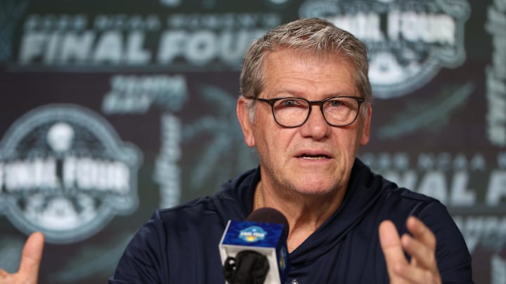 Apr 5, 2025; Tampa, FL, USA; UConn Huskies head coach Geno Auriemma talks to media before the NCAA Woman’s Final practice at Amalie Arena. Mandatory Credit: Nathan Ray Seebeck-Imagn Images Apr 5, 2025; Tampa, FL, USA; UConn Huskies head coach Geno Auriemma talks to media before the NCAA Woman’s Final practice at Amalie Arena. Mandatory Credit: Nathan Ray Seebeck-Imagn Images