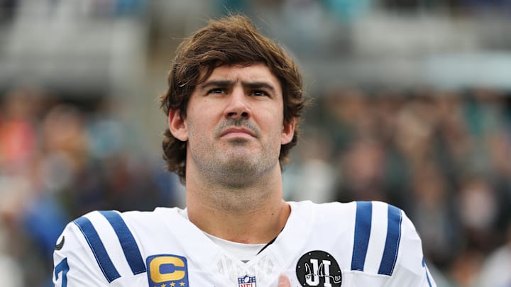 Indianapolis Colts quarterback Daniel Jones stands on the field Indianapolis Colts quarterback Daniel Jones stands on the field