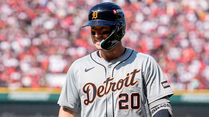 Detroit Tigers first baseman Spencer Torkelson (20) reacts after struck out against Cleveland Guardians during the second inning at Game 5 of ALDS at Progressive Field in Cleveland, Ohio on Saturday, Oct. 12, 2024