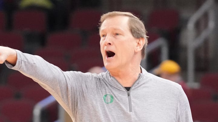 Mar 10, 2026; Chicago, IL, USA; Oregon Ducks head coach Dana Altman during the first half against the Maryland Terrapins at United Center. 