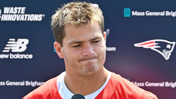 Jul 25, 2026; Foxborough, MA, USA; New England Patriots quarterback Drake Maye (10) answers questions from the media after training camp at Gillette Stadium. Mandatory Credit: Eric Canha-Imagn Images