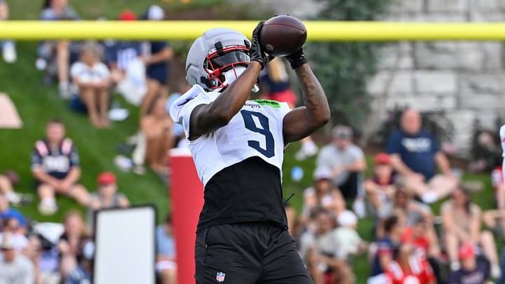 Jul 28, 2026; Foxborough, MA, USA; New England Patriots wide receiver Kayshon Boutte (9) makes a catch during training camp at Gillette Stadium. Mandatory Credit: Eric Canha-Imagn Images Jul 28, 2026; Foxborough, MA, USA; New England Patriots wide receiver Kayshon Boutte (9) makes a catch during training camp at Gillette Stadium. Mandatory Credit: Eric Canha-Imagn Images