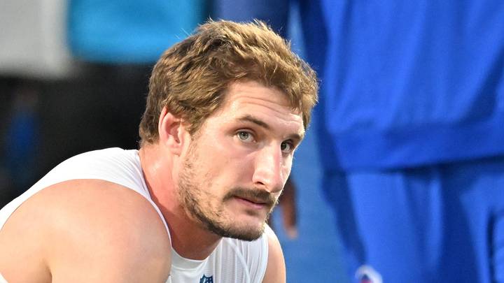 Sep 7, 2025; Orchard Park, New York, USA;  Buffalo Bills defensive end Joey Bosa (97) warms up prior to the game against the Baltimore Ravens at Highmark Stadium. Mandatory Credit: Mark Konezny-Imagn Images