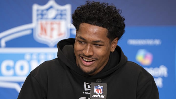 San Diego State CB Chris Johnson speaks to members of the media during the NFL Combine at the Indiana Convention Center.