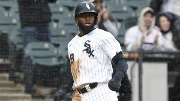 May 4, 2025; Chicago, Illinois, USA; Chicago White Sox center fielder Luis Robert Jr. (88) scores against the Houston Astros during the sixth inning at Rate Field