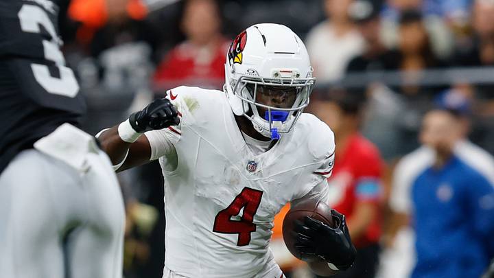 Aug 13, 2026; Paradise, Nevada, USA; Arizona Cardinals running back Jeremiyah Love (4) runs during a preseason game against the Las Vegas Raiders at Allegiant Stadium. Mandatory Credit: David Brytus-Imagn Images Aug 13, 2026; Paradise, Nevada, USA; Arizona Cardinals running back Jeremiyah Love (4) runs during a preseason game against the Las Vegas Raiders at Allegiant Stadium. Mandatory Credit: David Brytus-Imagn Images