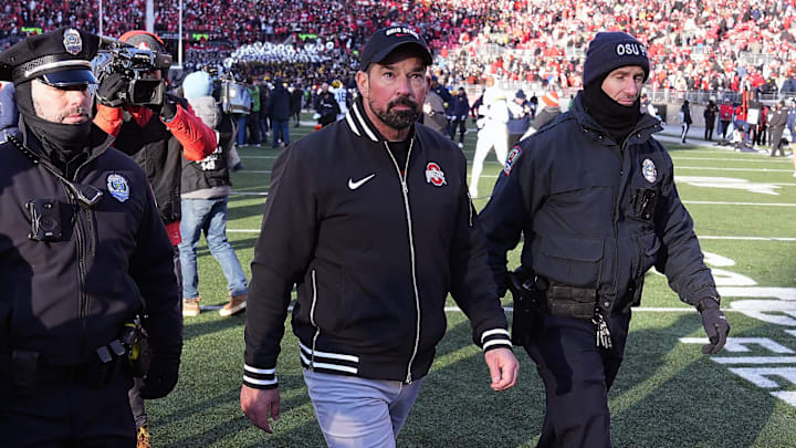 Ohio State Buckeyes head coach Ryan Day walks off the field after losing to Michigan Wolverines 13-10 after the NCAA football game at Ohio Stadium in Columbus on Saturday, Nov. 30, 2024.