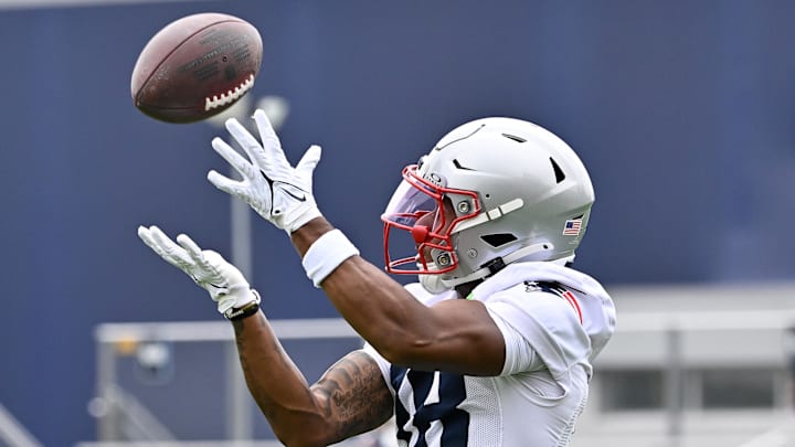 Jun 9, 2025; Foxborough, MA, USA; New England Patriots wide receiver Kyle Williams (18) makes a catch during minicamp at Gillette Stadium. Mandatory Credit: Eric Canha-Imagn Images