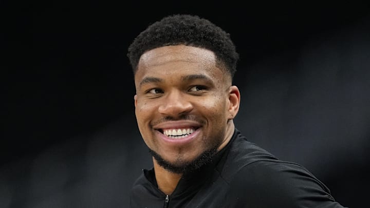 Milwaukee Bucks forward Giannis Antetokounmpo looks on during warmups prior to the game against the Brooklyn Nets at Fiserv Forum on April 10, 2026. Milwaukee Bucks forward Giannis Antetokounmpo looks on during warmups prior to the game against the Brooklyn Nets at Fiserv Forum on April 10, 2026.