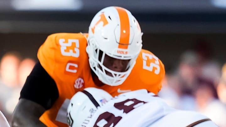 Tennessee quarterback Joey Aguilar (6) looks to throw as Tennessee offensive lineman Lance Heard (53) blocks Mississippi State defensive lineman Jamil Burroughs (88) during a college football game between Tennessee and Mississippi State at Davis Wade Stadium in Starkville, Miss., on Sept. 27, 2025.