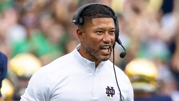 Sep 20, 2025; South Bend, Indiana, USA; Notre Dame Fighting Irish head coach Marcus Freeman celebrates a turnover by the defense against the Purdue Boilermakers during the first half at Notre Dame Stadium. Sep 20, 2025; South Bend, Indiana, USA; Notre Dame Fighting Irish head coach Marcus Freeman celebrates a turnover by the defense against the Purdue Boilermakers during the first half at Notre Dame Stadium.