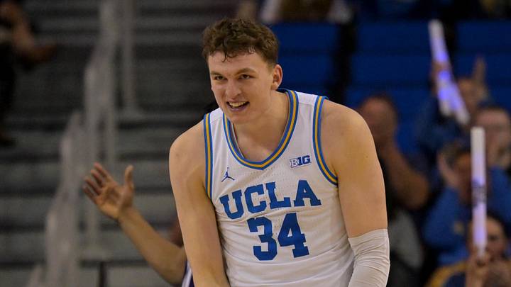 Feb 7, 2026; Los Angeles, California, USA;  UCLA Bruins forward Tyler Bilodeau (34) reacts after a three-point basket the second half against the Washington Huskies at Pauley Pavilion presented by Wescom Financial. Mandatory Credit: Jayne Kamin-Oncea-Imagn Images