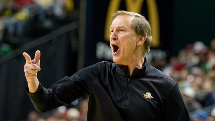 Oregon head coach Dana Altman questions a call as the Oregon Ducks host the Wisconsin Badgers on Feb. 25, 2026, at Matthew Knight Arena in Eugene, Oregon.