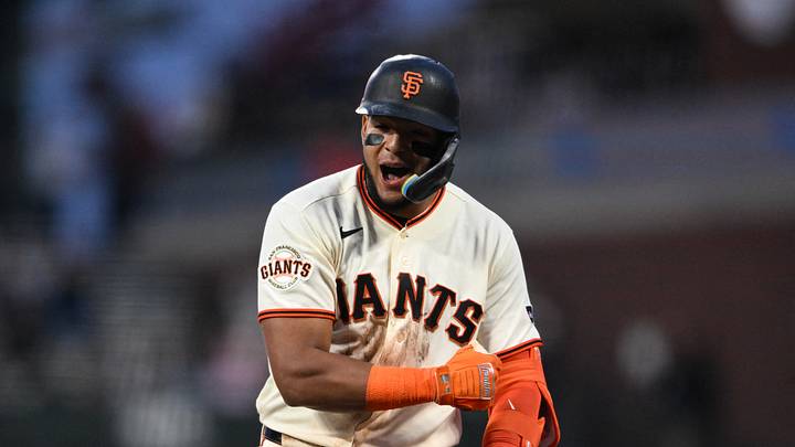 San Francisco, California, USA; San Francisco Giants left fielder Victor Bericoto (78) reacts on first base after hitting a two RBI single against the Toronto Blue Jays in the sixth inning at Oracle Park. Mandatory Credit: Eakin Howard-Imagn Images San Francisco, California, USA; San Francisco Giants left fielder Victor Bericoto (78) reacts on first base after hitting a two RBI single against the Toronto Blue Jays in the sixth inning at Oracle Park. Mandatory Credit: Eakin Howard-Imagn Images