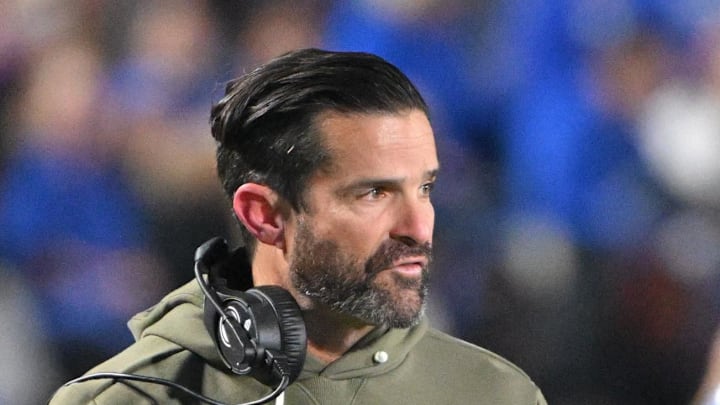 Nov 15, 2025; Durham, North Carolina, USA;  Duke Blue Devils head coach Manny Diaz reacts during the third quarter against the Virginia Cavaliers at Wallace Wade Stadium. Mandatory Credit: Zachary Taft-Imagn Images