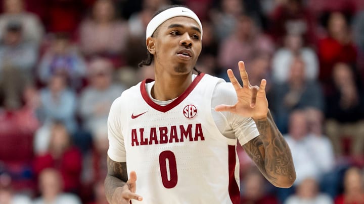 Feb 4, 2026; Tuscaloosa, AL, USA; Alabama guard Labaron Philon Jr. (0) signals three after hitting a three pointer against Texas A&M at Coleman Coliseum. Mandatory Credit: Gary Cosby Jr.-Tuscaloosa News