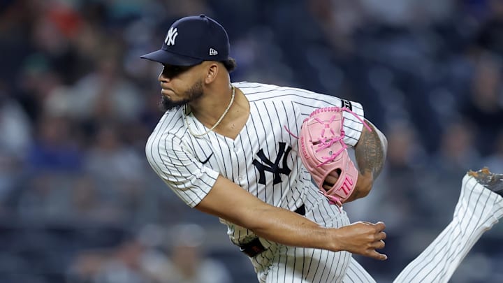 Sep 5, 2025; Bronx, New York, USA; New York Yankees relief pitcher Camilo Doval (75) follows through on a pitch against the Toronto Blue Jays during the ninth inning at Yankee Stadium. Mandatory Credit: Brad Penner-Imagn Images