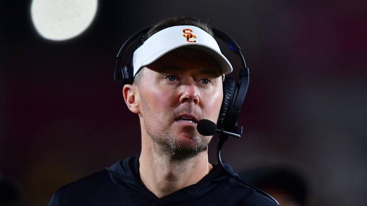 Nov 7, 2025; Los Angeles, California, USA; Southern California Trojans head coach Lincoln Riley watches game action against the Northwestern Wildcats during the second half at the Los Angeles Memorial Coliseum. Mandatory Credit: Gary A. Vasquez-Imagn Images