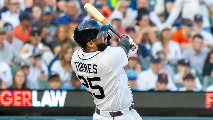 Detroit Tigers second baseman Gleyber Torres (25) hits a two-run home run at Comerica Park. Credit: David Reginek-Imagn Images Detroit Tigers second baseman Gleyber Torres (25) hits a two-run home run at Comerica Park. Credit: David Reginek-Imagn Images