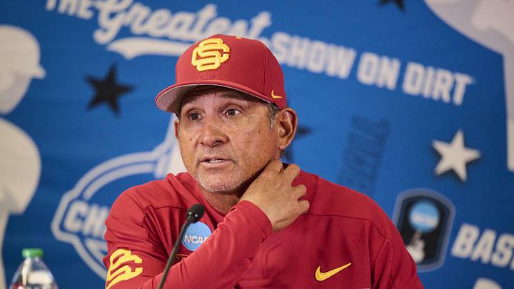 May 31, 2025; Corvallis, OR, USA; USC head coach Andy Stankiewicz takes questions after a game against Saint Mary's at the NCAA Corvallis Regional at Goss Stadium. Mandatory Credit: Troy Wayrynen-Imagn Images