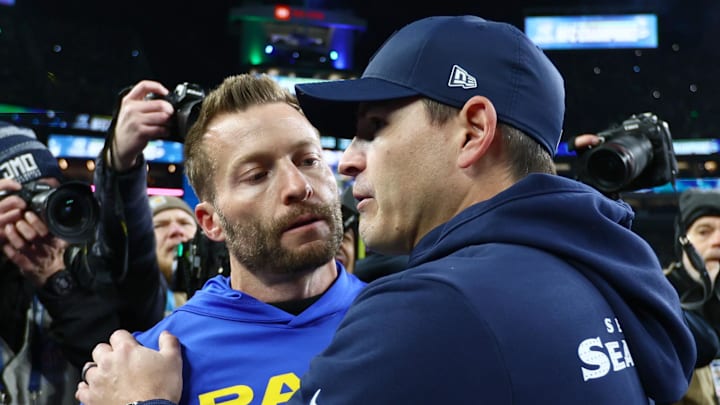 Jan 25, 2026; Seattle, WA, USA; Seattle Seahawks head coach Mike MacDonald greets Los Angeles Rams head coach Sean McVay on field after the 2026 NFC Championship Game at Lumen Field. Mandatory Credit: Kevin Ng-Imagn Images