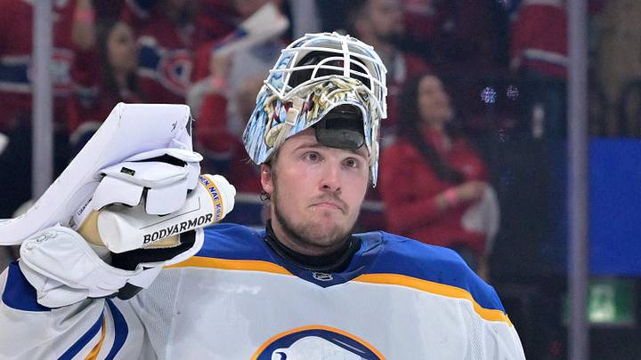May 12, 2026; Montreal, Quebec, CAN; Buffalo Sabres goalie Ukko-Pekka Luukkonen (1) reacts after the goal scored by Montreal Canadiens forward Cole Caufield (13) (not pictured) during the first period in game four of the second round of the 2026 Stanley Cup Playoffs at Bell Centre. Mandatory Credit: Eric Bolte-Imagn Images