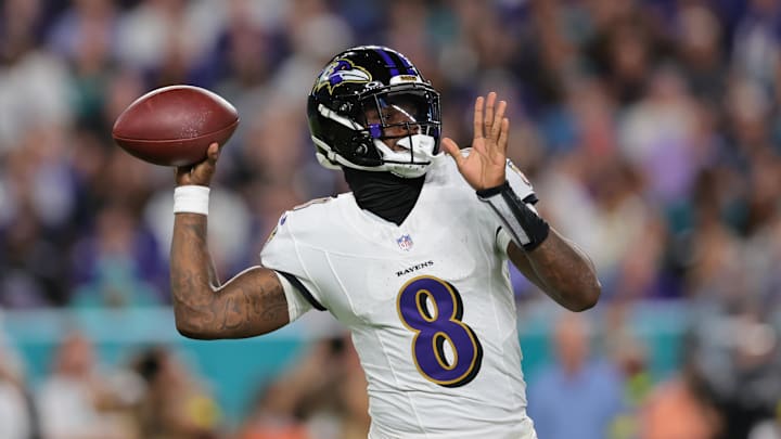 Oct 30, 2025; Miami Gardens, Florida, USA; Baltimore Ravens quarterback Lamar Jackson (8) throws downfield during the second quarter against the Miami Dolphins at Hard Rock Stadium. Mandatory Credit: Sam Navarro-Imagn Images Oct 30, 2025; Miami Gardens, Florida, USA; Baltimore Ravens quarterback Lamar Jackson (8) throws downfield during the second quarter against the Miami Dolphins at Hard Rock Stadium. Mandatory Credit: Sam Navarro-Imagn Images