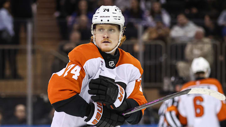 Feb 26, 2026; New York, New York, USA;  Philadelphia Flyers right wing Owen Tippett (74) at Madison Square Garden. Mandatory Credit: Wendell Cruz-Imagn Images