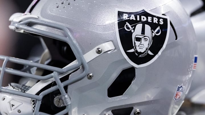 Aug 23, 2025; Glendale, Arizona, USA; Detailed view of a Las Vegas Raiders helmet during a preseason NFL game at State Farm Stadium. Mandatory Credit: Mark J. Rebilas-Imagn Images