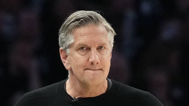 May 15, 2026; Minneapolis, Minnesota, USA; Minnesota Timberwolves head coach Chris Finch looks on against the San Antonio Spurs in the second half during game six of the second round of the 2026 NBA Playoffs at Target Center. Mandatory Credit: Jesse Johnson-Imagn Images