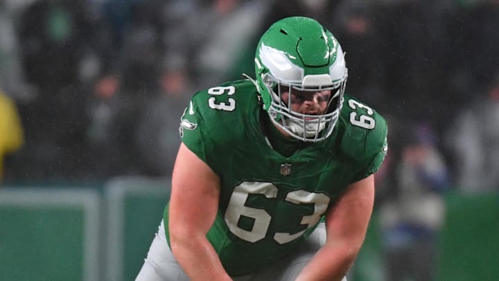 Nov 26, 2023; Philadelphia, Pennsylvania, USA; Philadelphia Eagles offensive tackle Jack Driscoll (63) against the Buffalo Bills at Lincoln Financial Field. Mandatory Credit: Eric Hartline-Imagn Images