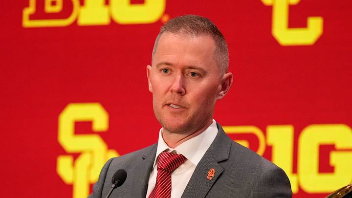 Jul 24, 2025; Las Vegas, NV, USA; USC head coach Lincoln Riley speaks to the media during the Big Ten NCAA college football media days at Mandalay Bay Resort. Jul 24, 2025; Las Vegas, NV, USA; USC head coach Lincoln Riley speaks to the media during the Big Ten NCAA college football media days at Mandalay Bay Resort.