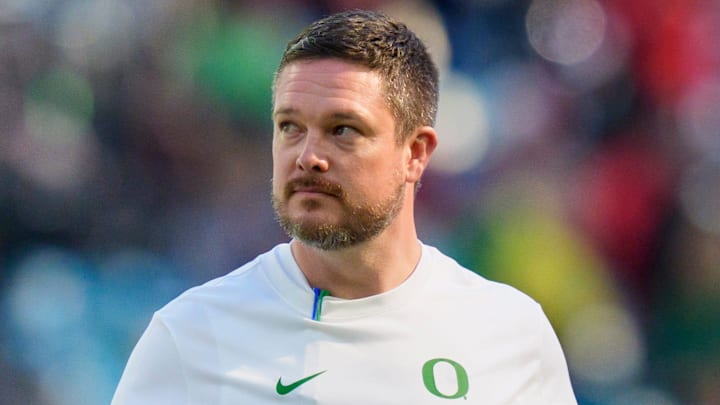 Oregon head coach Dan Lanning walks the field during warmups as the Oregon Ducks take on the Texas Tech Red Raiders in the Orange Bowl on Jan. 1, 2026, at Hard Rock Stadium in Miami, Florida. Oregon head coach Dan Lanning walks the field during warmups as the Oregon Ducks take on the Texas Tech Red Raiders in the Orange Bowl on Jan. 1, 2026, at Hard Rock Stadium in Miami, Florida.