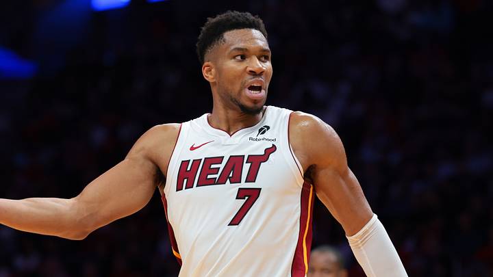 Oct 21, 2026; Miami, Florida, USA; Miami Heat forward Giannis Antetokounmpo (7) reacts against the Minnesota Timberwolves during the fourth quarter at Kaseya Center. Mandatory Credit: Sam Navarro-Imagn Images Oct 21, 2026; Miami, Florida, USA; Miami Heat forward Giannis Antetokounmpo (7) reacts against the Minnesota Timberwolves during the fourth quarter at Kaseya Center. Mandatory Credit: Sam Navarro-Imagn Images