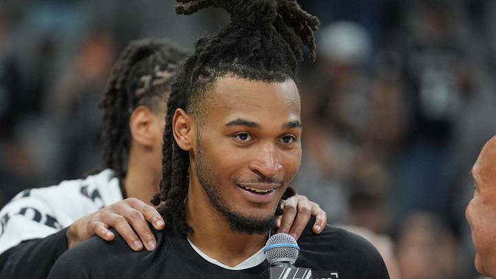 Oct 27, 2025; San Antonio, Texas, USA;  San Antonio Spurs guard Stephon Castle (5) gives an interview after the game against the Toronto Raptors at Frost Bank Center. Mandatory Credit: Daniel Dunn-Imagn Images