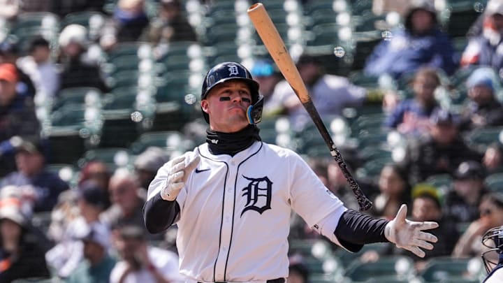 Detroit Tigers first base Spencer Torkelson (20) strikes out swinging. 
