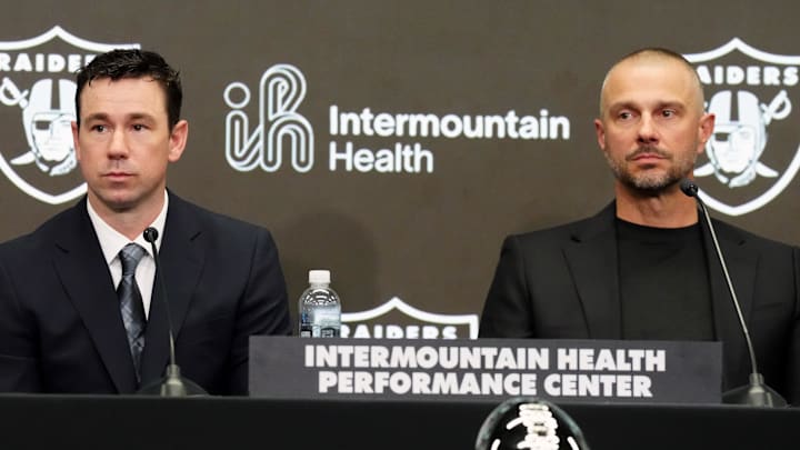 Feb 10, 2026; Henderson, NV, USA;  Las Vegas Raiders coach Klint Kubiak (left) and general manager John Spytek at introductory press conference at Intermountain Health Performance Center. Mandatory Credit: Kirby Lee-Imagn Images