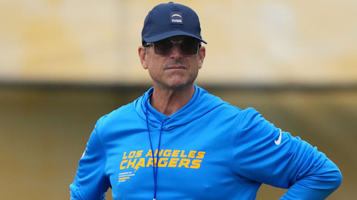 Los Angeles Chargers coach Jim Harbaugh at training camp at The Bolt.