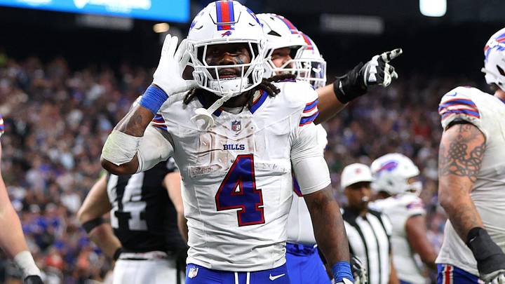 Buffalo Bills RB James Cook III celebrates after scoring a touchdown in the fourth quarter against the Las Vegas Raiders. Buffalo Bills RB James Cook III celebrates after scoring a touchdown in the fourth quarter against the Las Vegas Raiders.
