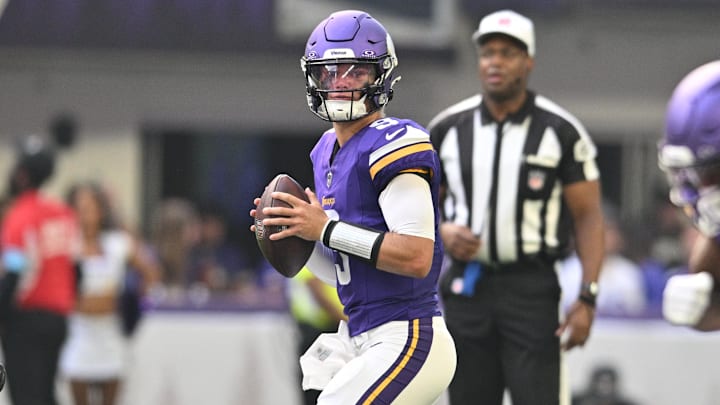 Aug 10, 2024; Minneapolis, Minnesota, USA; Minnesota Vikings quarterback J.J. McCarthy (9) looks to pass during the second quarter against the Las Vegas Raiders at U.S. Bank Stadium. Mandatory Credit: Jeffrey Becker-Imagn Images Aug 10, 2024; Minneapolis, Minnesota, USA; Minnesota Vikings quarterback J.J. McCarthy (9) looks to pass during the second quarter against the Las Vegas Raiders at U.S. Bank Stadium. Mandatory Credit: Jeffrey Becker-Imagn Images