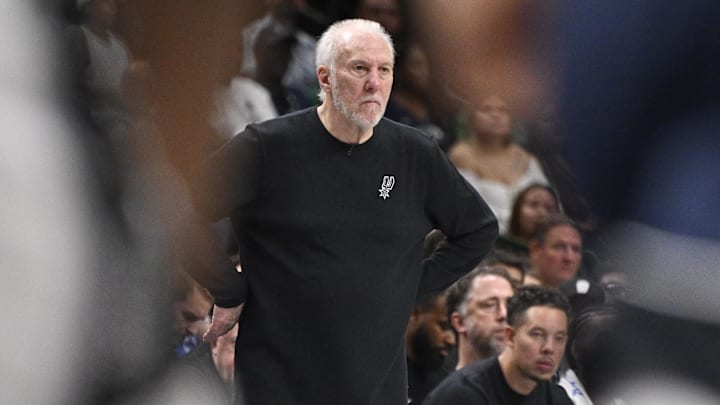 San Antonio Spurs head coach Gregg Popovich during the game between the Dallas Mavericks and the San Antonio Spurs at the American Airlines Center.